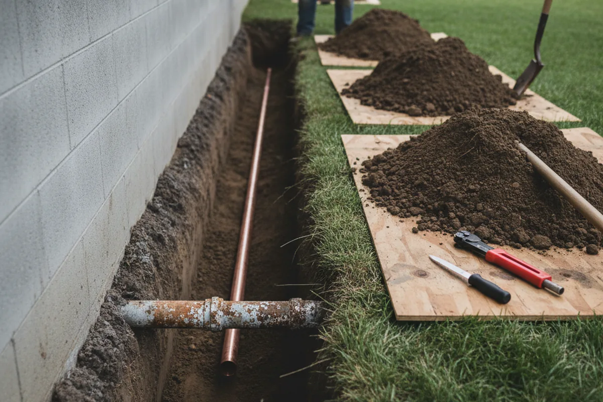 Excavated water line trench during Water Softener Installation in Mount Joy